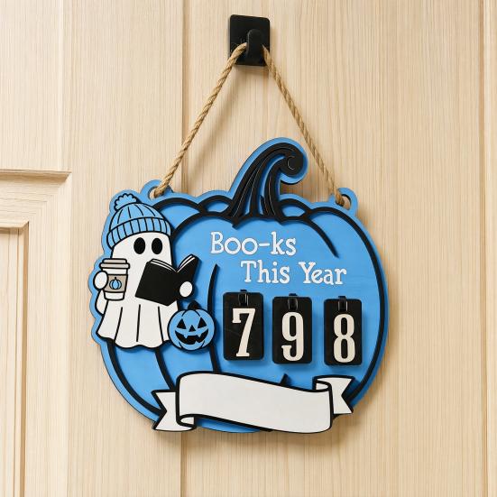 Double-layer Wood Chip Tech Halloween Ghost Pumpkin Reading Tracker Wooden Hanging Sign, Sliding Number Counter for Book Read This Year, Decoration