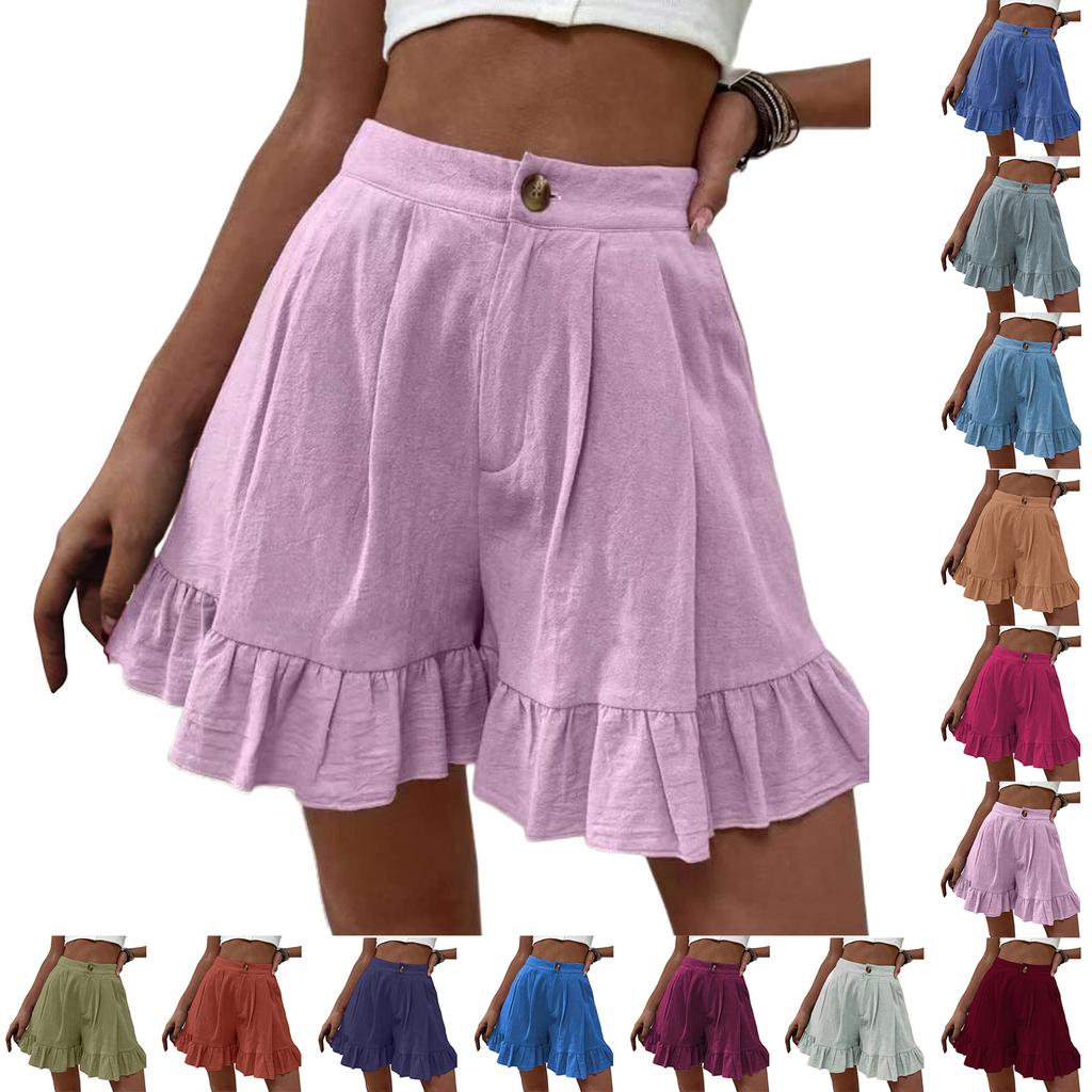 Pantaloni scurți casual la modă pentru femei, cu croială largă, din amestec bumbac-in, cu buzunare - Pantaloni cu volane late, colorați