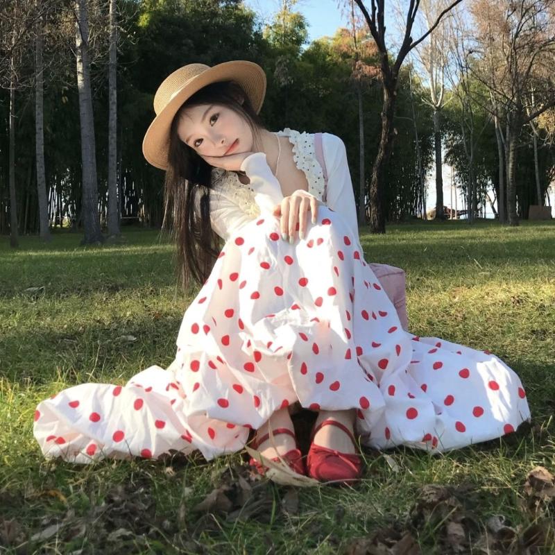 Fustă Midi A-Line Dulce Drăguță cu Buline în Stil Japonez - Buline Roșii pentru Femei Primăvară/Vară