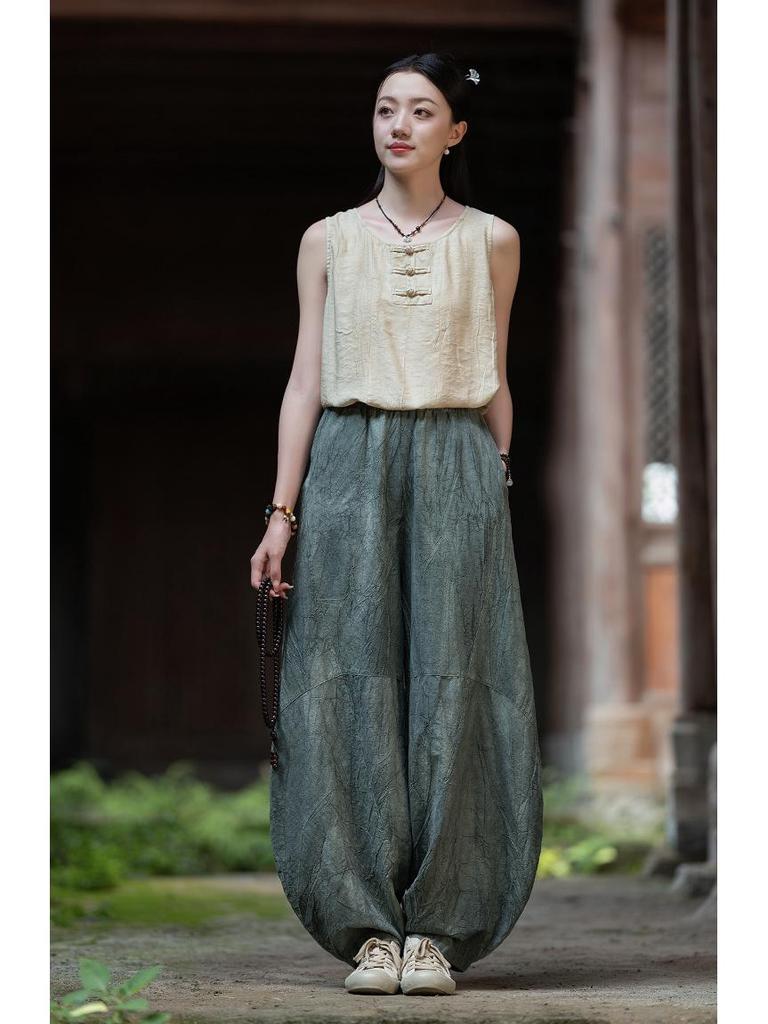 Damen-Retro-Leinenhose mit Batikmuster und weitem Bein im Laternen-Stil