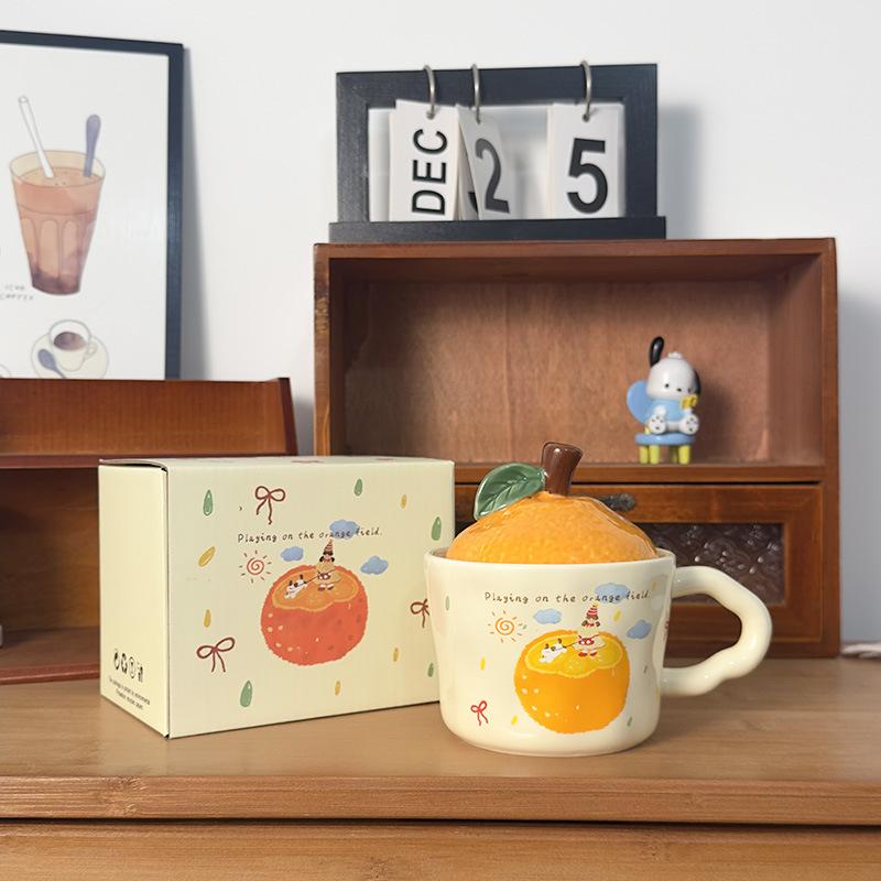 Cute Orange Cat Mug with Lid Creative Good Luck Cup Girls Home Coffee Cup Chinese New Year Gift
