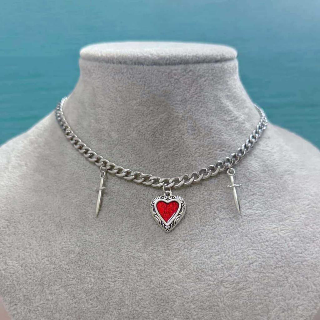 Punk Gothic Red Heart & Sword Pendant Choker Necklace Silver Color Cuban Chain for Women Men Party Daily Y2K Aesthetic Jewelry