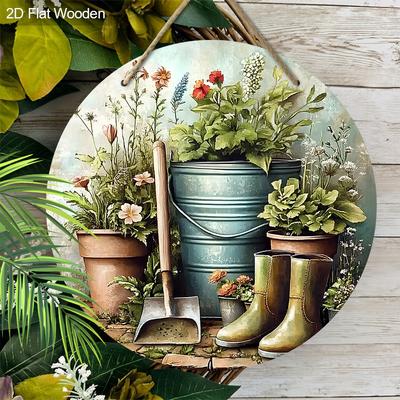 Wooden Charming Vintage Garden Tools & Potted Plants Sign - for Door, Wall, Home, Room, Farmhouse, Street, Shop, Garage, Bar, Garden, and Coffee House