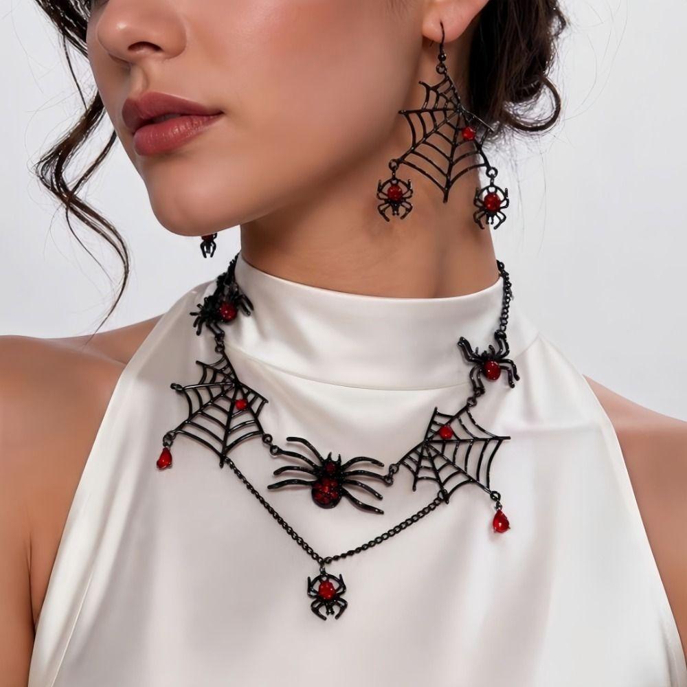 Ornate Halloween Spider Necklace Rhinestone Earring Necklace Set New Gothic Jewelry Set Cosplay