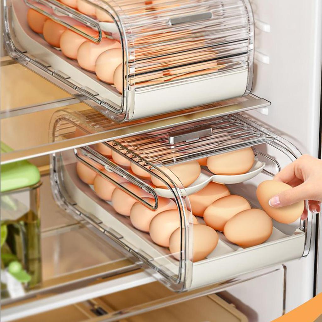 Egg Tray 2-Tier Sliding Lid Automatic Rolling Egg Holder Countertop Refrigerator Organizer for Freezer Pantry Cabinet Home