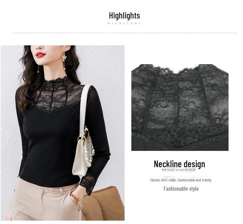 Women's Lace Bottoming Shirt – Mesh Mid-Neck Top, Spring/Autumn 2023, Fashionable Tulle Inner Wear