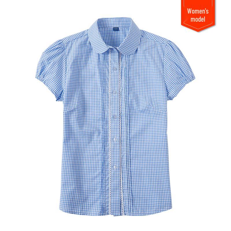Girls  Blue & White Plaid Lace Patchwork Puff Sleeve Shirt 120 cm