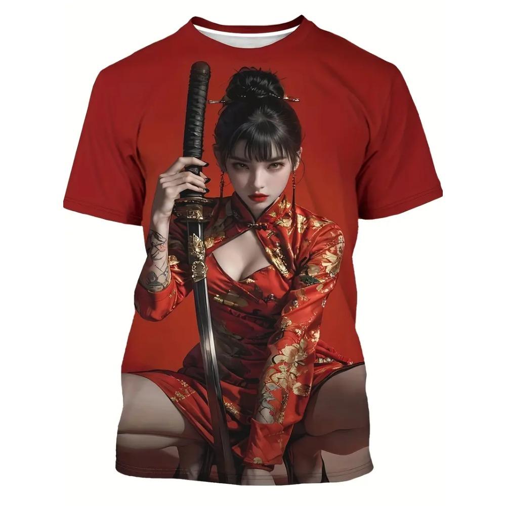 2026 Men's Anime Samurai Girl 3D Printed Fashion T-Shirt for Adults-Street Trend Style Short-Sleeved