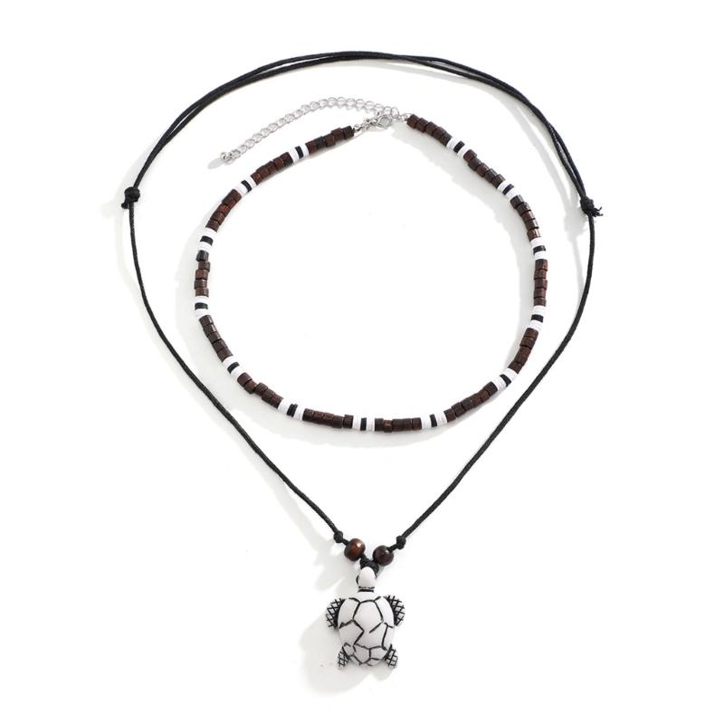

2Pcs Vintage Spiraled/Tortoise/Butterfly Pendant Necklace Adjustable Length Neckchain with Natural Beads Charm for Women