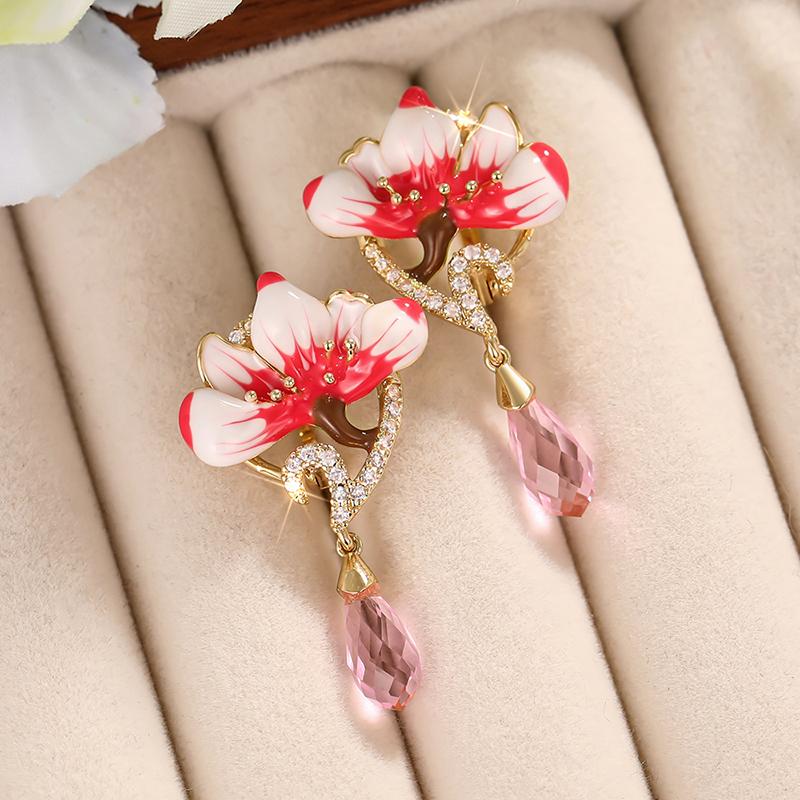 Huitan Design Doce de Flor Brincos Pendentes Femininos Estilo Fresco Acessórios Elegantes para Festa Joias Diárias Cravejados com Zircônia Cúbica Rosa Brilhante