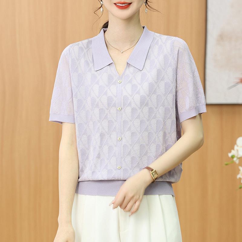 2025 Summer Ice Silk Cool Knit Short Sleeve Top for Middle-Aged & Elderly Women