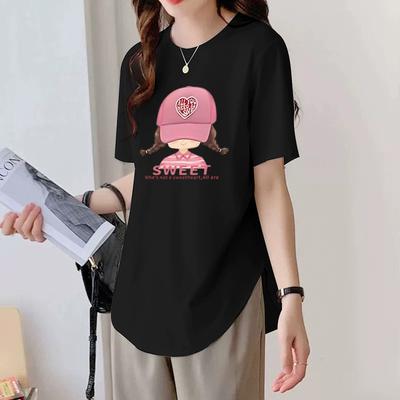 Irregular Curved Hem Cotton Short-sleeved T-shirt for Women In Summer Loose Slim T-shirt Mid-length Versatile Top