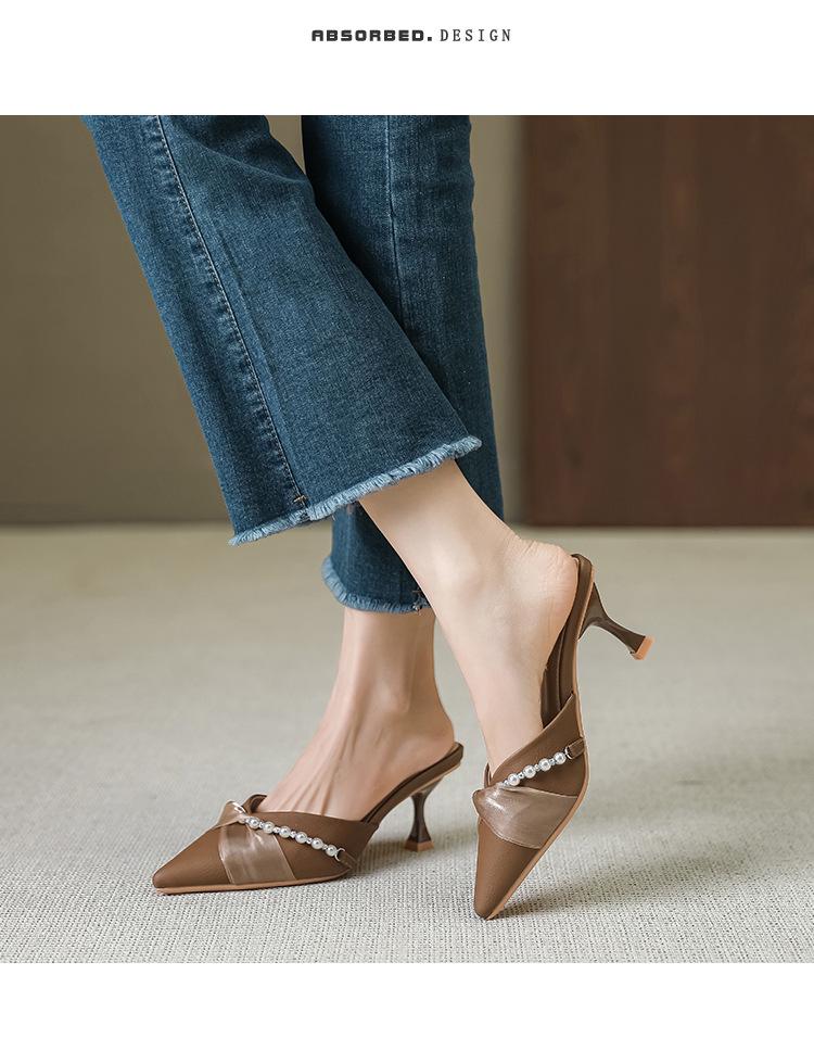 Huiliya Baotou Pointed Toe Women's Pearl Chunky Heel Mules 912-D86