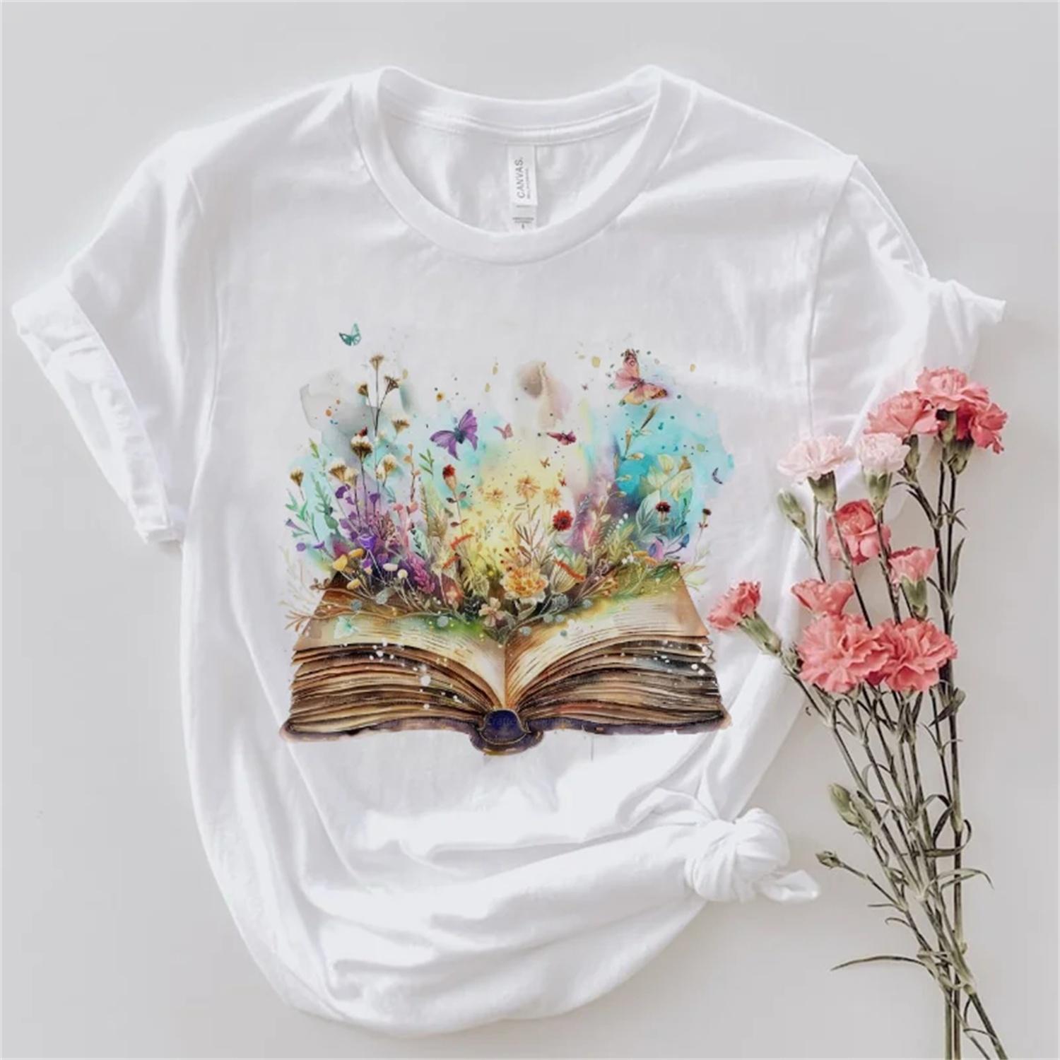 Fashionable Women s 90s Plant Flower Style Summer Butterfly Print Pattern T-Shirt Short Sleeved Casual Trendy Style Top T-Shirt S
