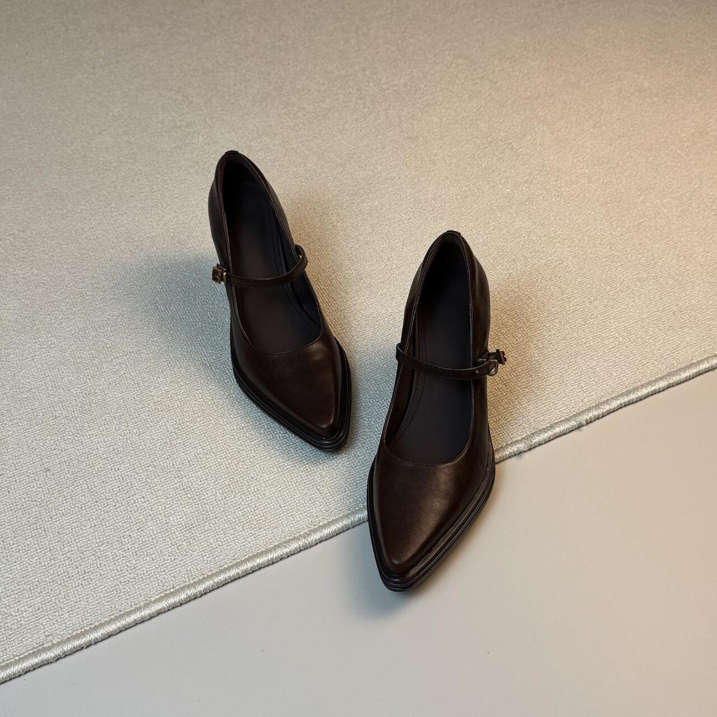 Cowhide Version~ Black Thin Leather Mary Jane Shoes Women's Cm Thick Heel Pointed Head Shallow Mouth One-word Buckle Single Shoes High Heels