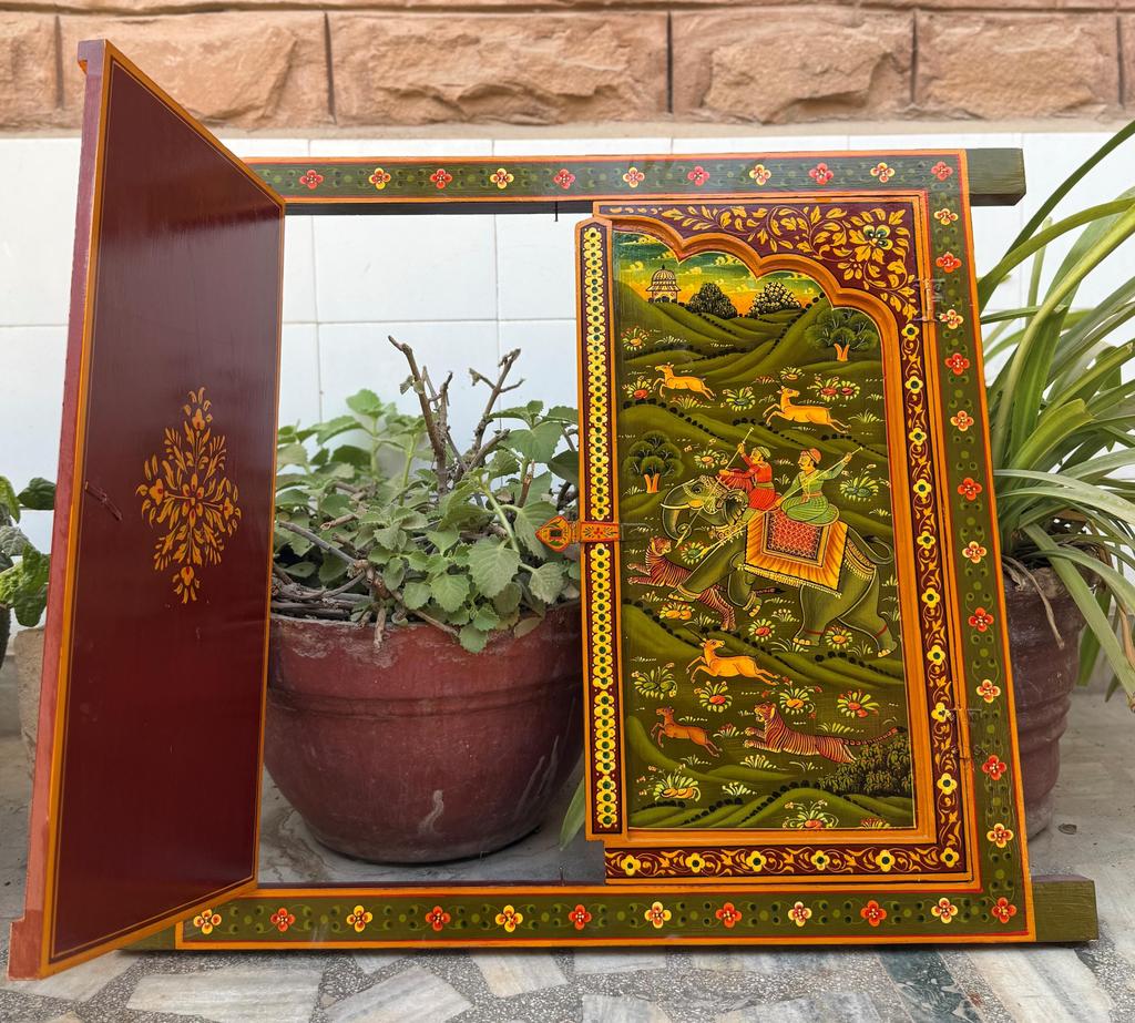 Handmade Wooden Jharokha Wall Hanging: Royal Hunting Scene, Festival Decor Frame