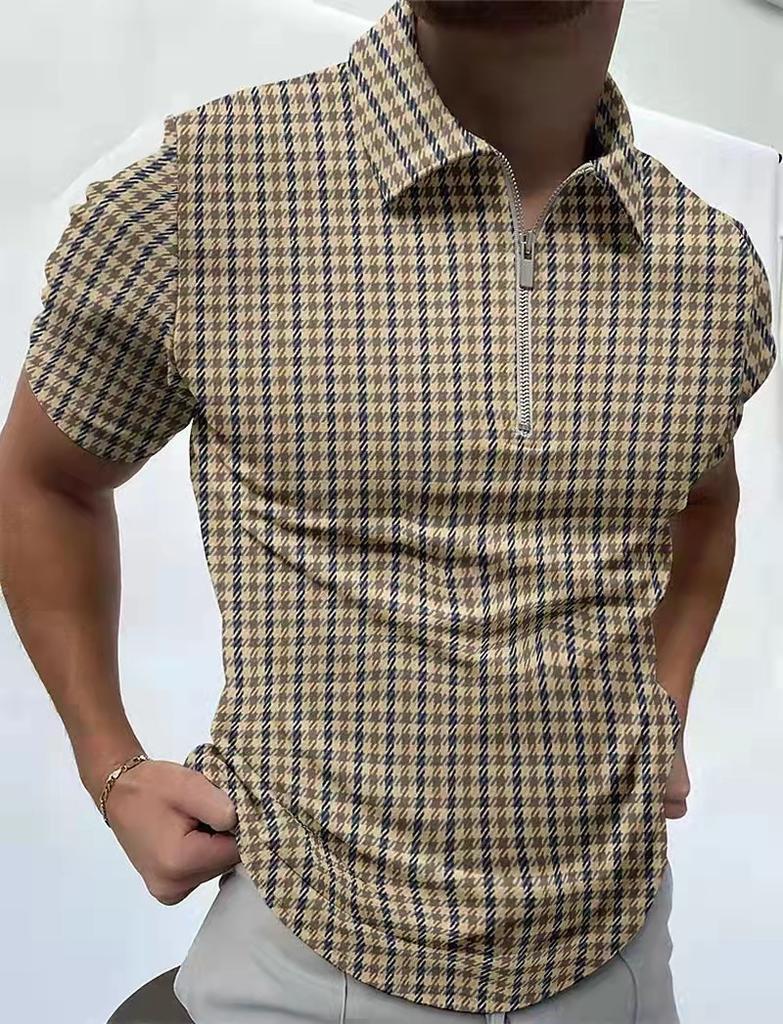 Modern Zip-up Short Sleeve Polo Shirt, Houndstooth Pattern for Versatile Casual Look