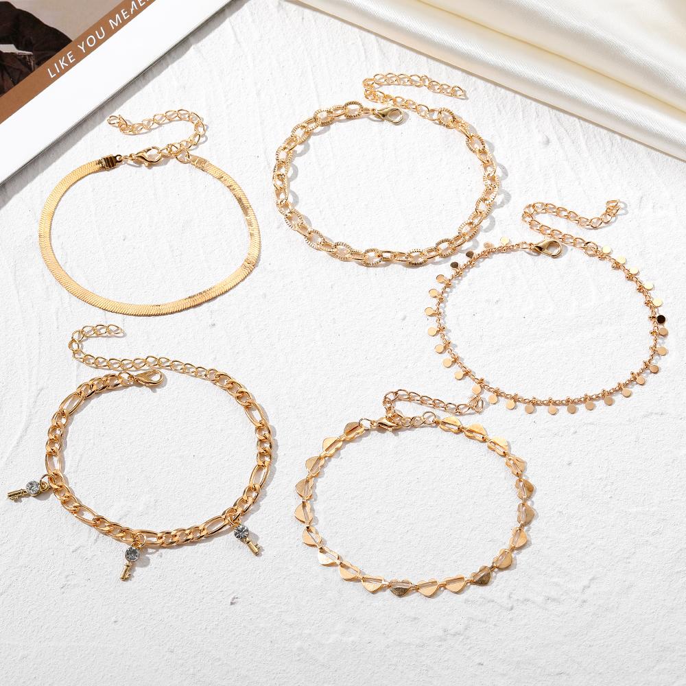 Snake Chain Love Diamond Anklet 5 Piece Gold Artificial Diamond Pendant Love Hollowed Out Lock Chain Snakebone Chain Girls Bracelet Anklet Accessories