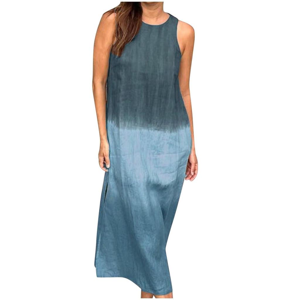 Women's Gradient Sleeveless Tank Dress Split Hem Loose Fit Summer Crewneck Flowy Casual Beach Dresses