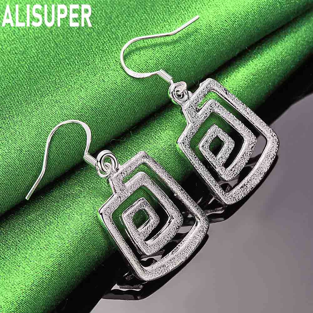 925 Sterling Silver Square Metal Wire Pendant with Piercing Earrings Fashion Charm Wedding Jewelry