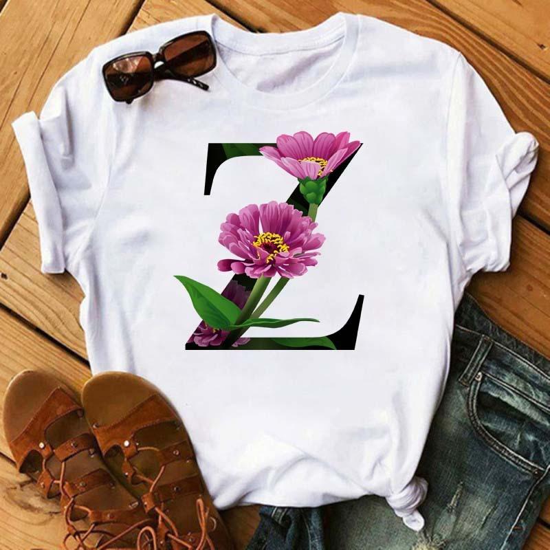 Womens Short Sleeved Tshirt with Floral Letter Print Top with Floral Pattern Casual Natural and Fashionable Daily WhiteTshirt