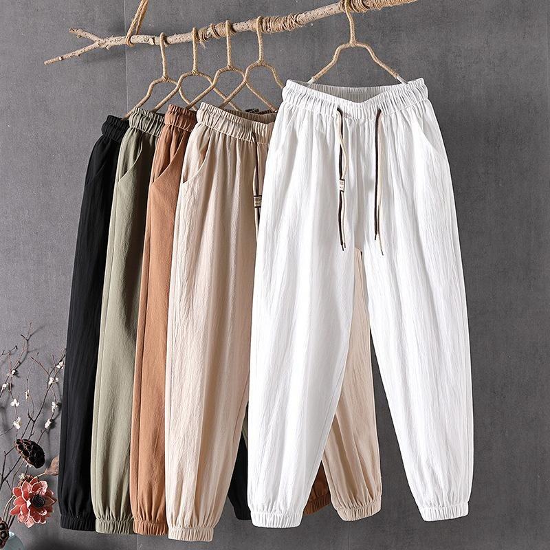 Women Summer Cotton Hemp Cropped Pants Mid-Rise Elastic Waistband Wide Leg Casual Pants