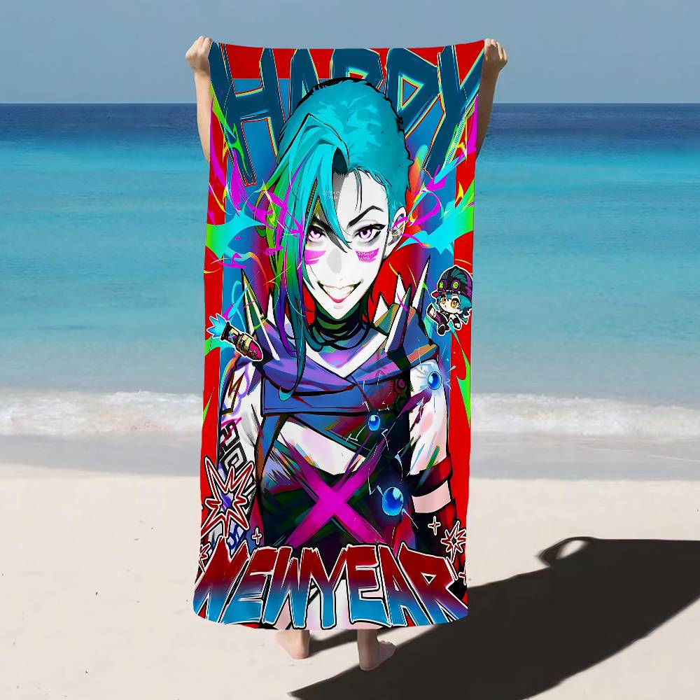 Cartoon Anime Game Arcane J-Jinx Main Art Bath Towel Microfiber Soft Water Absorbing Breathable For Kids Cartoon Beach Towel