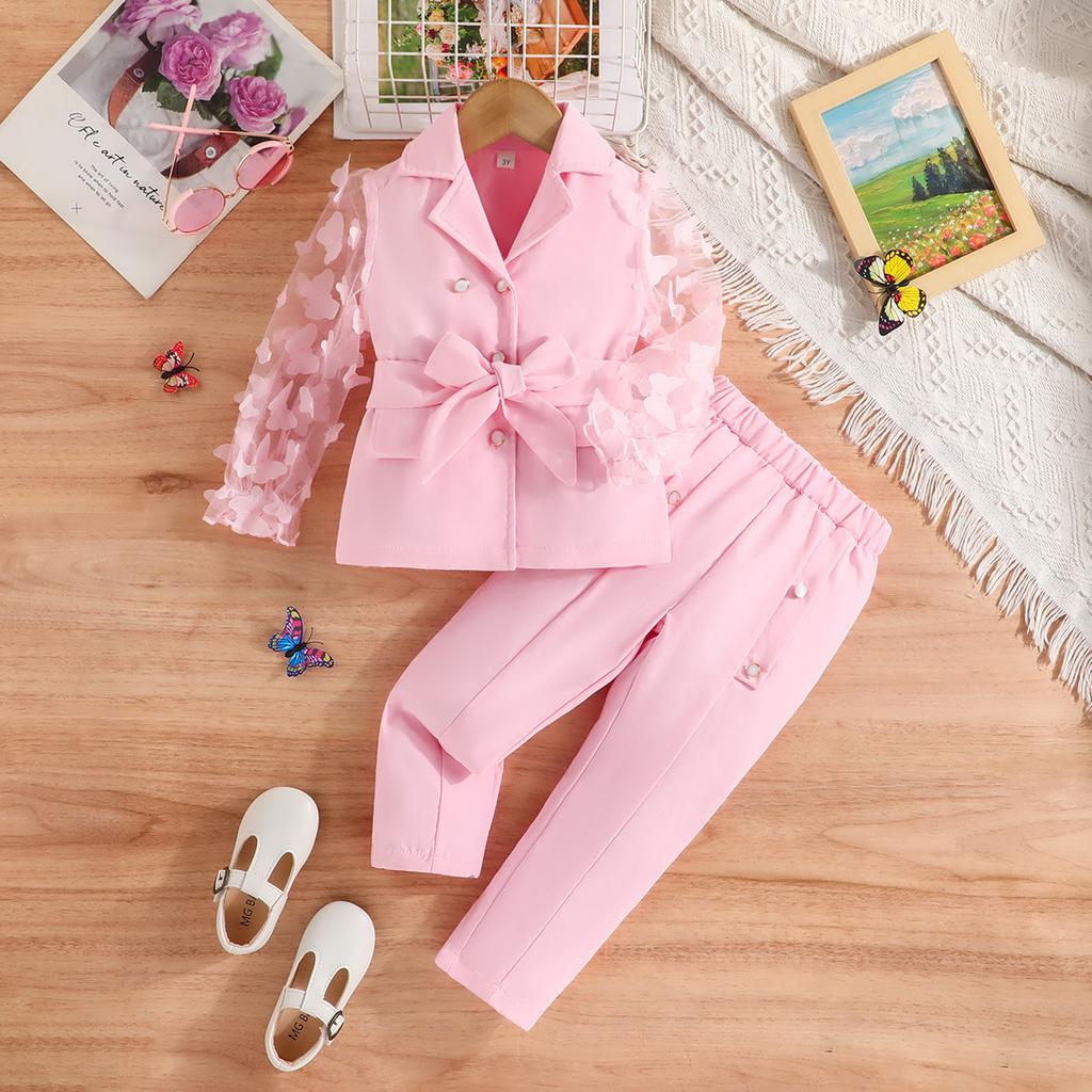 Autumn and Winter New Girls' Long Sleeve Bowknot Mesh Sleeve Blazer and Long Pants Two-Piece Set for Young and Little Girls