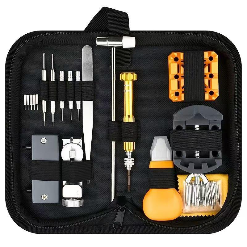 Watch Repair & Maintenance Tool Set with Disassembly Tools, Battery Replacement, and Cloth Bag.