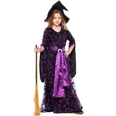 Purple Witch Costume Girls Halloween Party Dress Star Moon Print Long Gown Stage Outfit Kids 3-8 Years