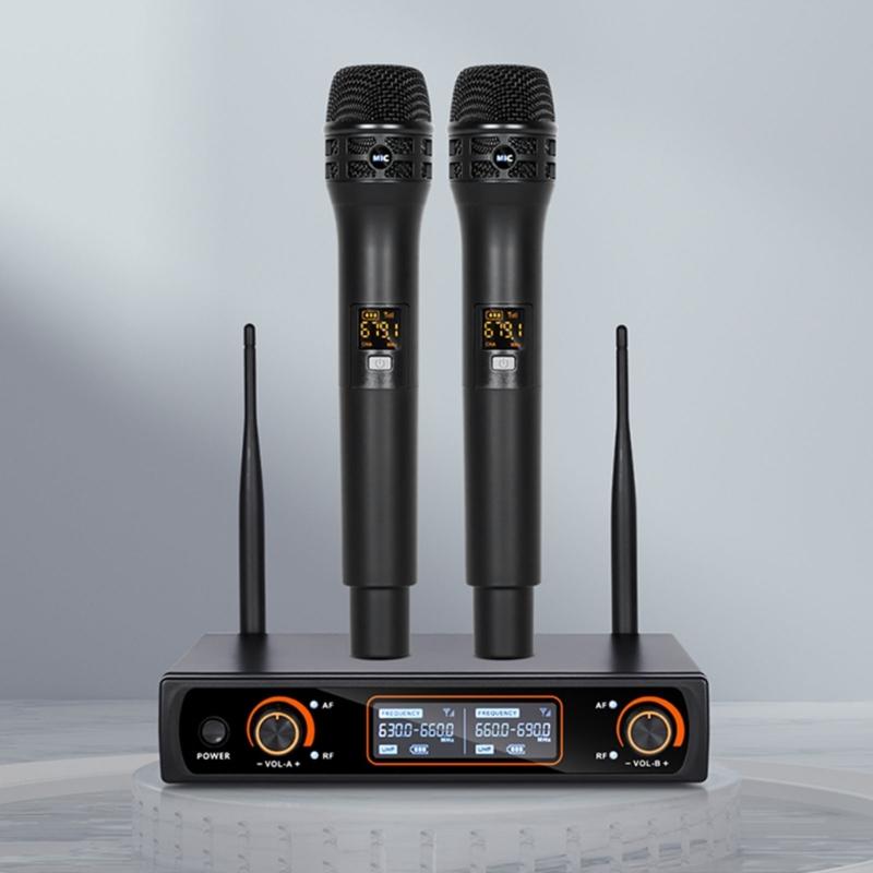 Twin Wireless Mics Frequency Modulator Set For Karaoke And Event Stable FM Signal Transmission Durability Construction