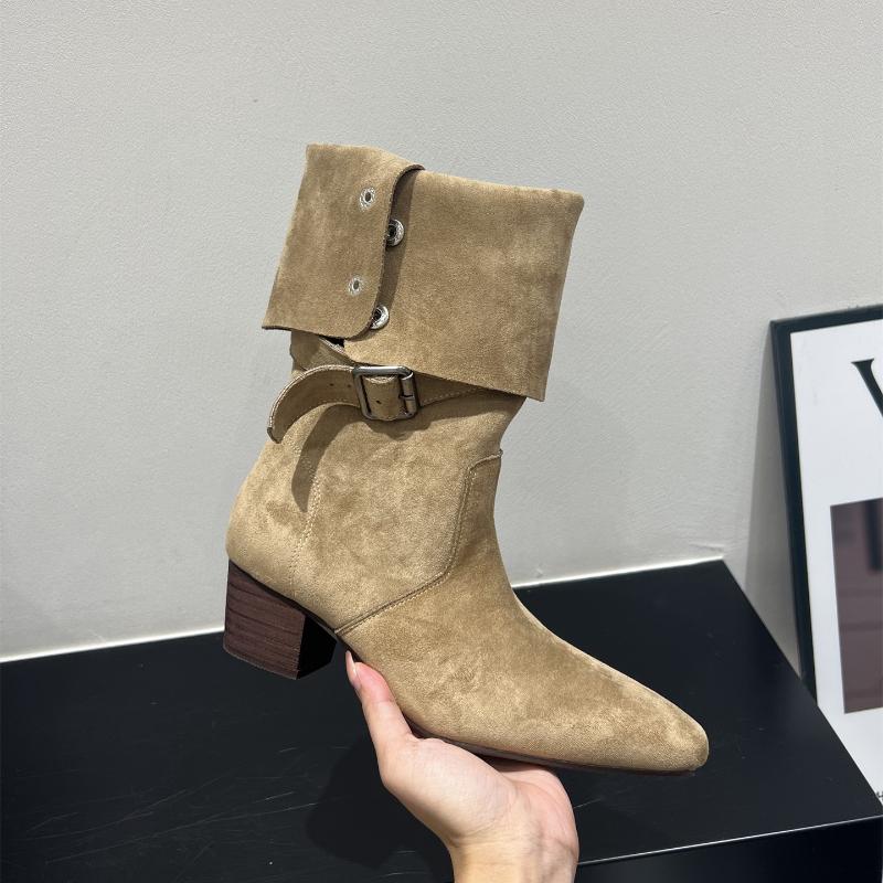 Winter Pointed Toe Suede Women High Boots Fashion Belt Buckle Slip On Shoes Concise Thick Heel Knight Long Booties