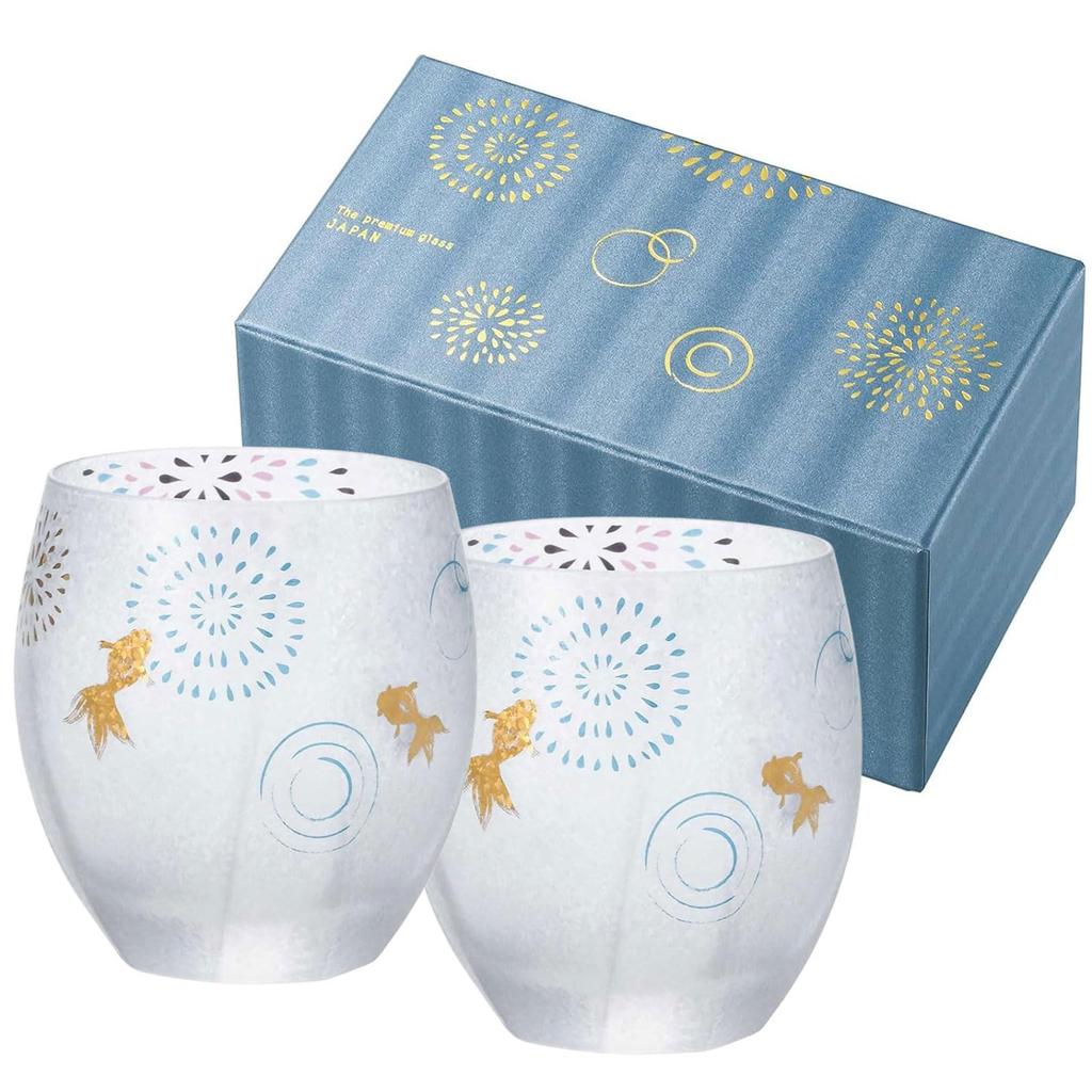 Aderia Premium Nippon Taste Goldfish Fireworks Rocks Pair Made In Gift A Stylish Gift for and A Great Gift for or Any Glasses, 345ml, Set, Japan,