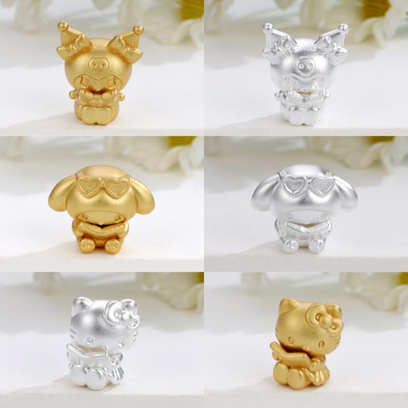 Sterling Silver 999 Cartoon Cinnamoroll and Kuromi Beaded Rope DIY Cute Loose Beads Accessories