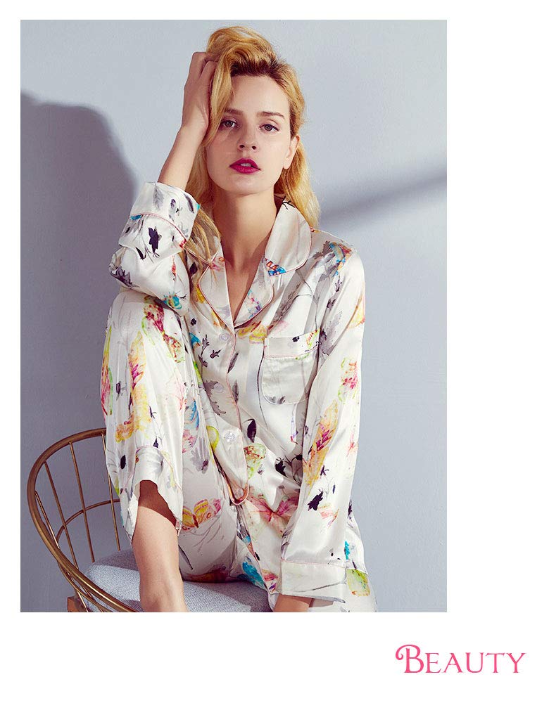 Yumekairou Silk Long Watercolor Butterfly Floral Print with Waist Open Butterfly Pattern Women's 100% Pajamas, Sleeve, Ribbon, Multicolor, Ivory,