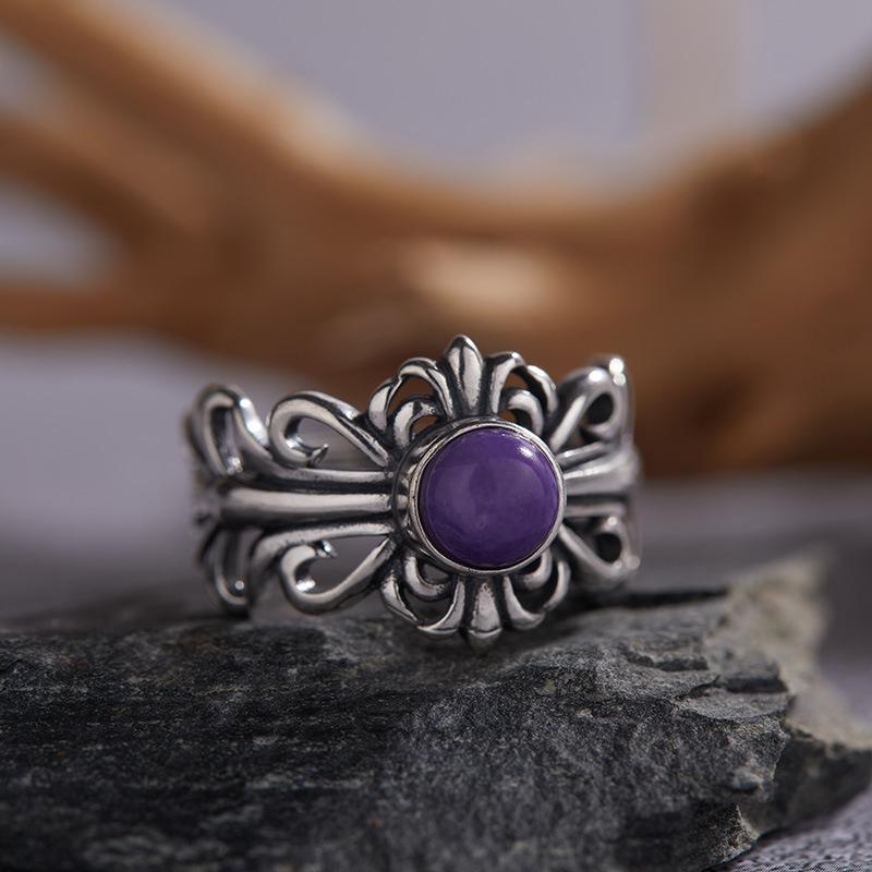 Personalized S925 Sterling Silver Natural Colored Treasure Ring, Retro Iris Exquisite Open Ring, Adjustable Couple Index Finger Ring