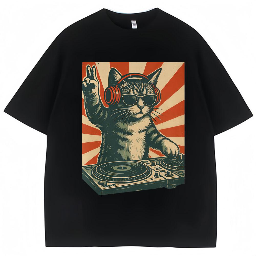 

Funny Cool Dj Cat Meme Graphic Vintage T Shirt Men Women Humor T Shirts Oversized Cotton Casual T-shirt Streetwear Gifts S