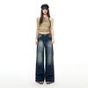 Spring Summer Dark Blue Vintage Cuffed Niche High Waist Fashion Wide Leg Denim Pants For Women Casual Pants Oversize Denim Trousers
