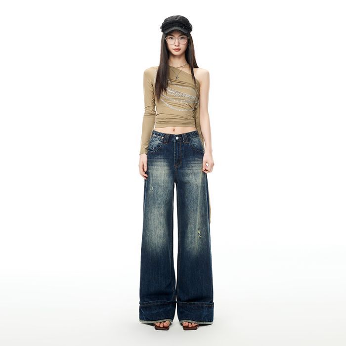 Spring Summer Dark Blue Vintage Cuffed Niche High Waist Fashion Wide Leg Denim Pants For Women Casual Pants Oversize Denim Trousers