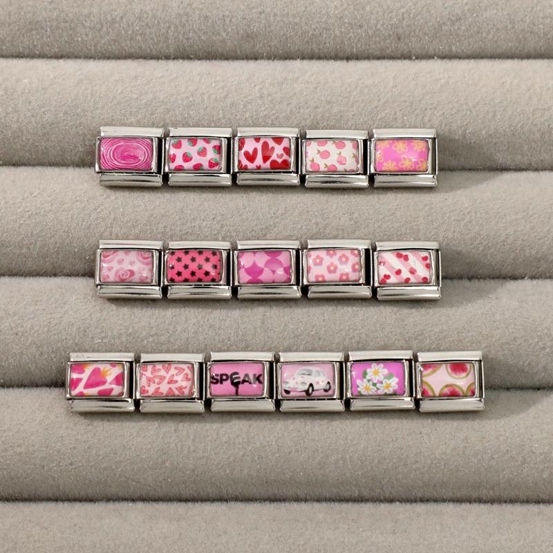 Fashion Pink Charm Car Rose Strawberry Cherry Heart Italian Links Fit 9mm Bracelets Bangle Stainless Steel DIY Making Jewelry