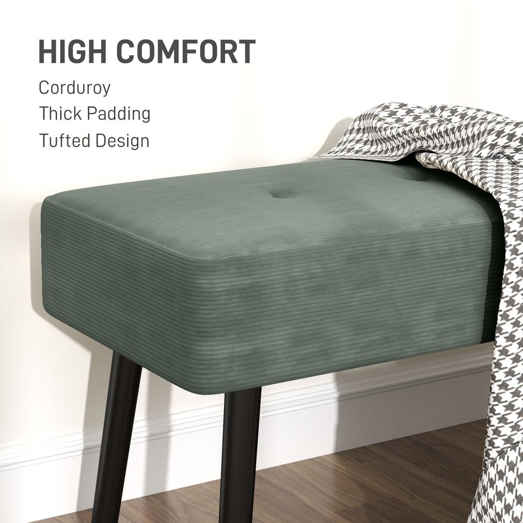 End of Bed Bench, Corduroy Bedroom Bench with Thick Padding and Steel Legs, Tufted Window Seat for Entryway, Living Room, Green