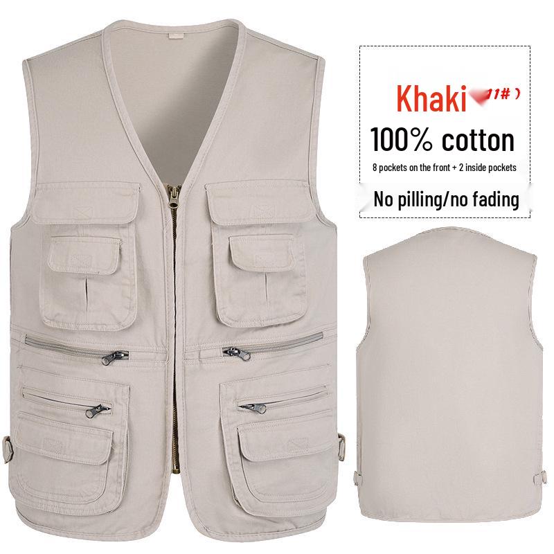 Men's Army Green Multi-Pocket Cotton Tank Top, Plus Size 10XL, Spring/Autumn Wear