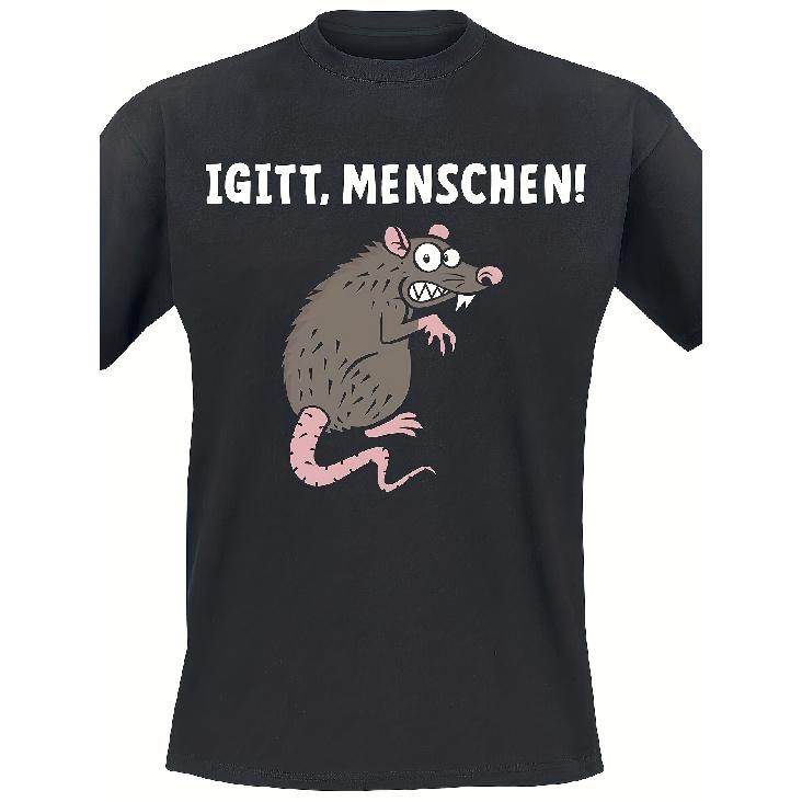 Men's Black Short Sleeve Crewneck T-Shirt with Funny Cartoon Rat Graphic and German Text "Igitt, Menschen!" for Casual Wear or Gift