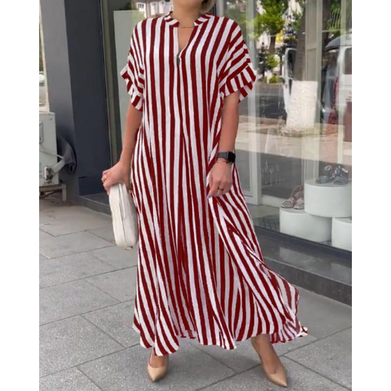 Summer New Women's Striped Printed Slit Long Dress