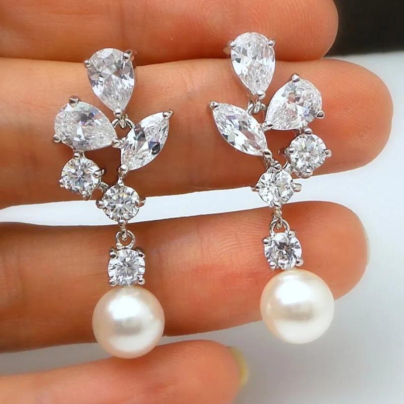 Simple Stylish Simulated Pearl Earrings with Cubic Zirconia Fashionable Women Silver Color Luxury Trendy Jewelry