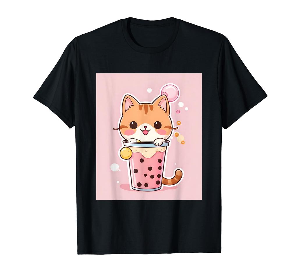 bubble things printed Kawaii, cat, boba, tea, cute, Japanese, T-shirt