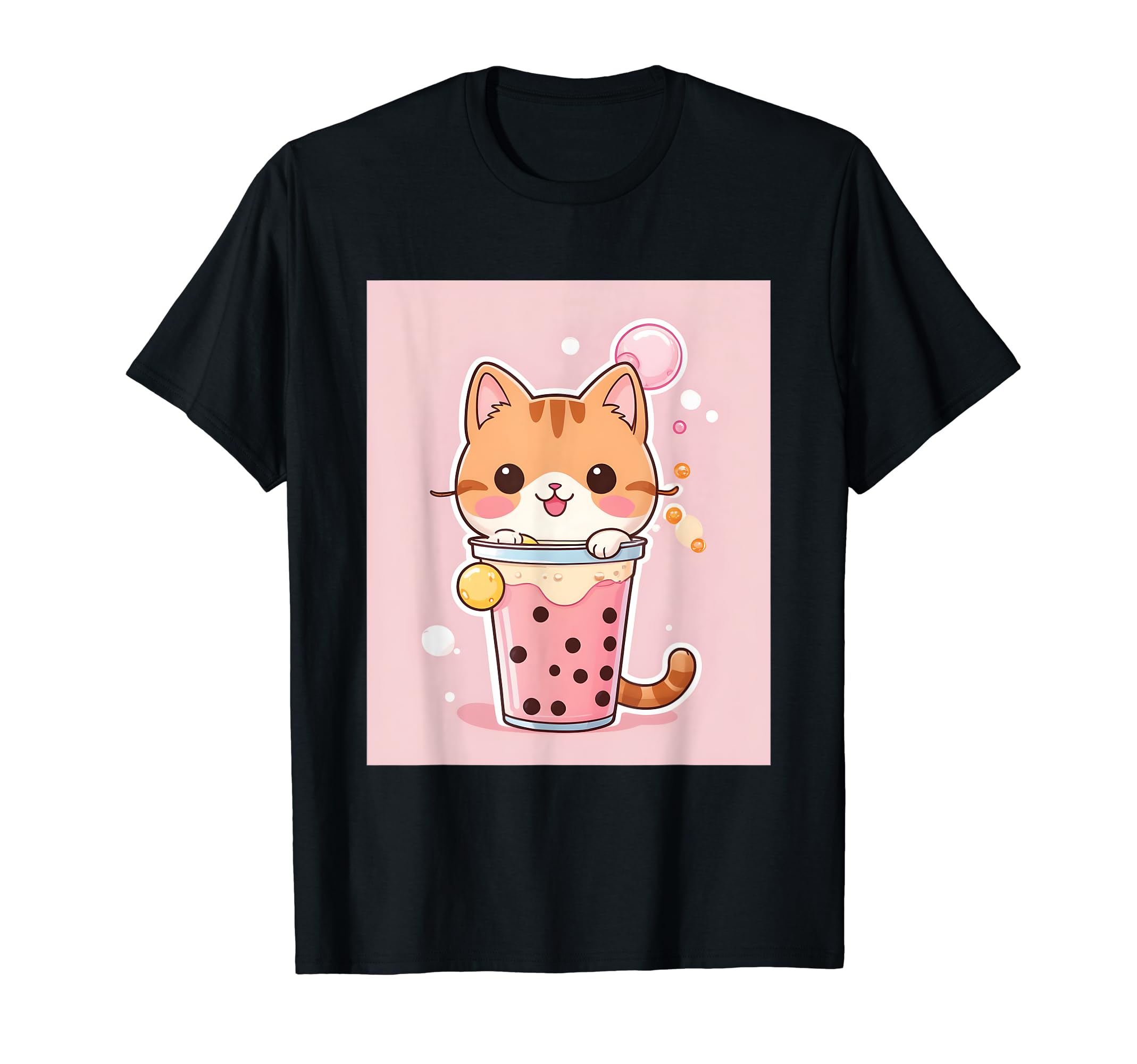 

bubble things printed Kawaii, cat, boba, tea, cute, Japanese, T-shirt чорний