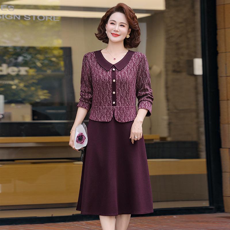 

Qiaoya Ying Women s Plus Size Doll Collar Patchwork Dress for Middle-aged and Elderly 50s Mom Style XL (45-52.5 kg) фіолетовий/червоний