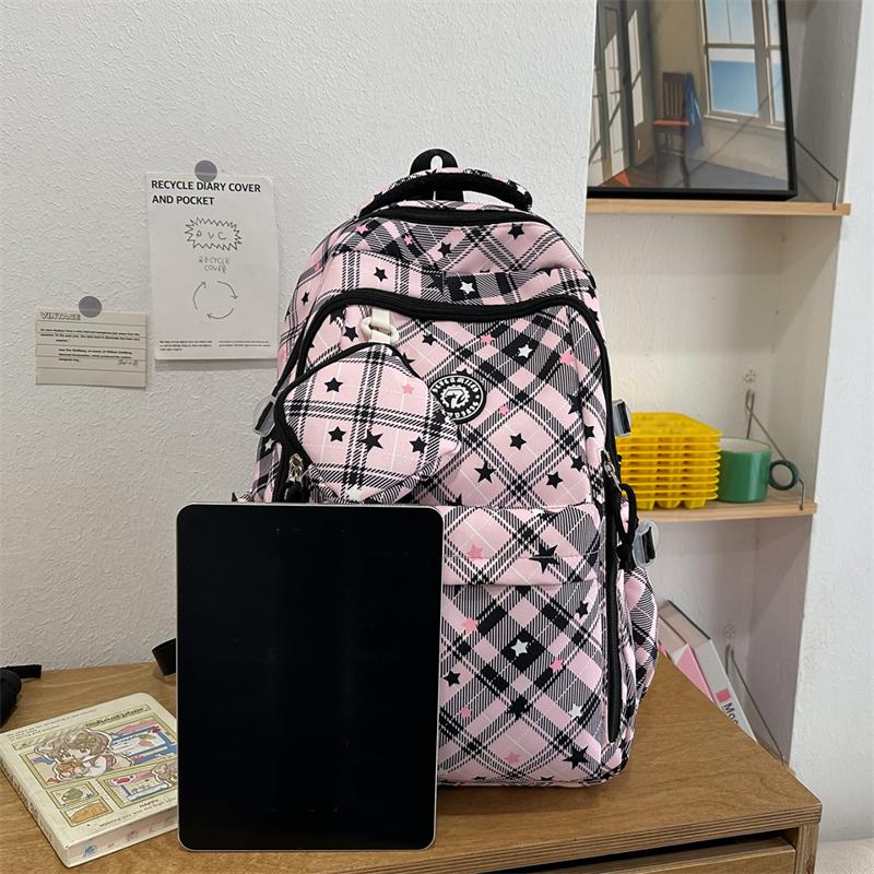 Large Capacity Plaid Backpack Women's Star Printed Student School Bag with Coin Purse
