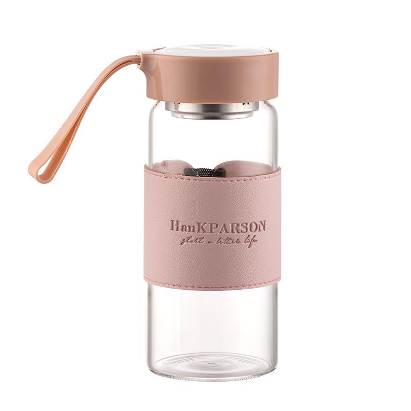 Fashionable Transparent Glass Water Cup with Leather Sleeve & Silicone Strap